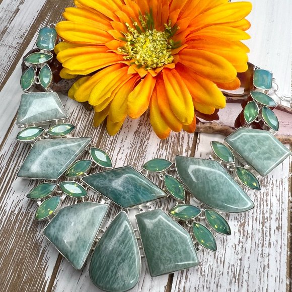 Awesome Amazonite Opalite Statement Necklace Handmade Large Gemstone 925 Silver - Picture 4 of 16